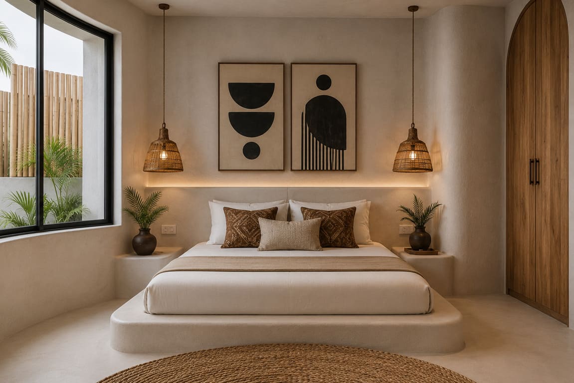 Twiga Villas second bedroom with built-in bed, graphic art and woven pendants