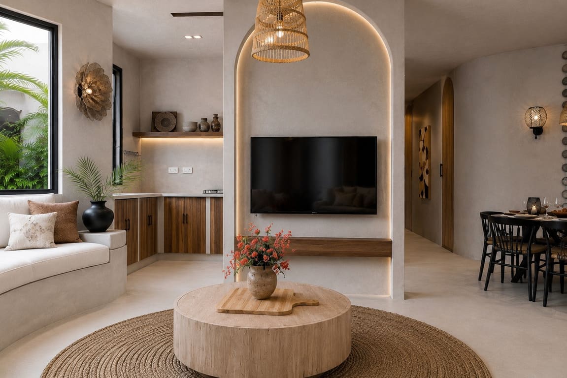 Twiga Villas open living, kitchen and dining space with earthy décor
