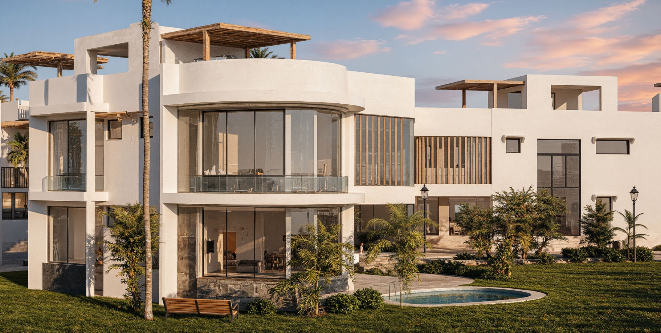 Sculptural white curved beachfront villas at Twiga Villas with glass façades, palm gardens and a private plunge pool at sunset